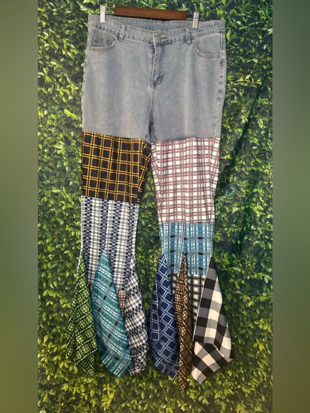 Plaid Patchwork Flared Jeans - Gray with Multicolor Plaid